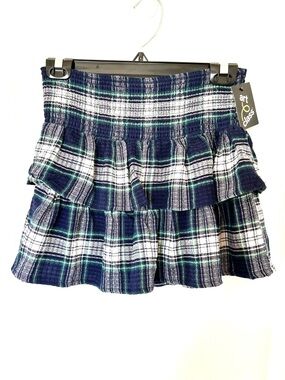 Art class girls blue green Scottish plaid mini skirt Size 14 XL tiered elastic
